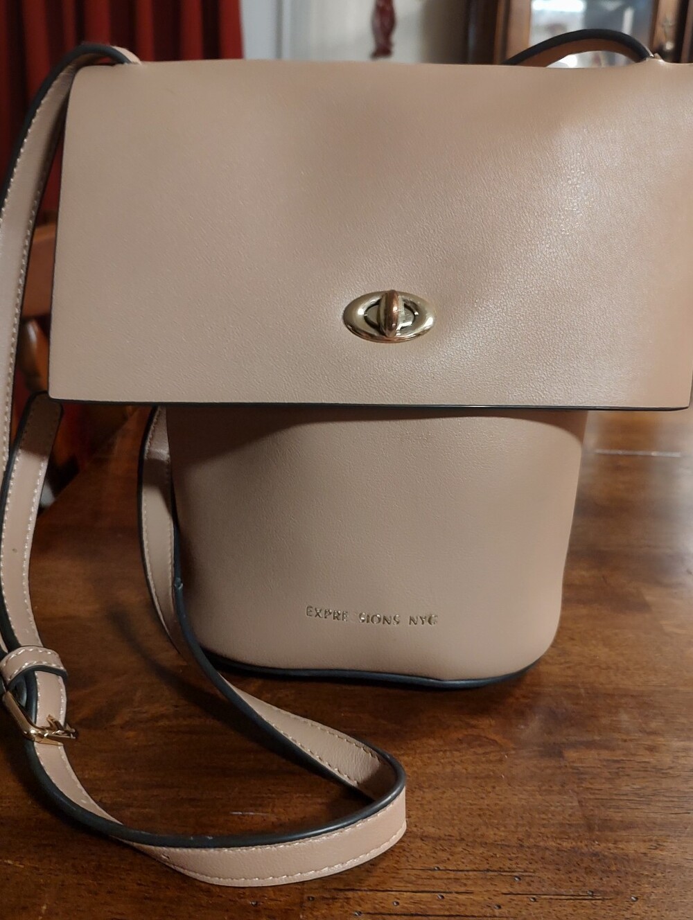 Expressions Nude-Beige Crossbody Bucket Bag with Gold Turn-Lock